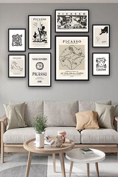 no77decor 8 Parça Pıcasso Temalı Siyah Çerçeve Görünümlü Tablo Seti