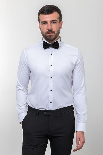 Mcr Patterned White Slim Fit Ata Collar Groom Suit Men's Shirt