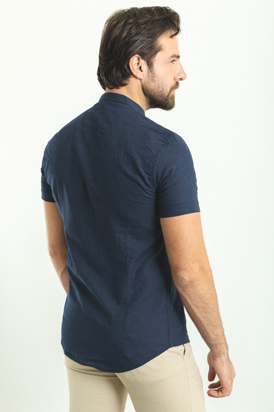 Mcr Gray Slim Fit Judge Collar Short Sleeve Linen Men's Shirt Navy Blue - 37749.23Y