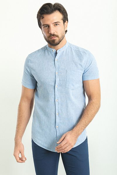 Mcr Slim Fit Judge Collar Short Sleeve Linen Men's Shirt Blue - 37749.23Y