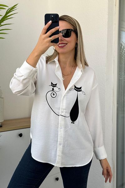Kubos Moda Cămașă albă din in, cu mânecă lungă, brodata cu pisici