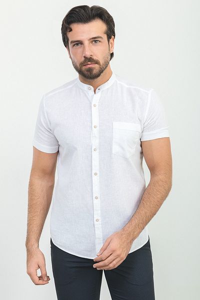 Mcr Slim Fit Judge Collar Short Sleeve Linen Men's Shirt White - 37749.23Y