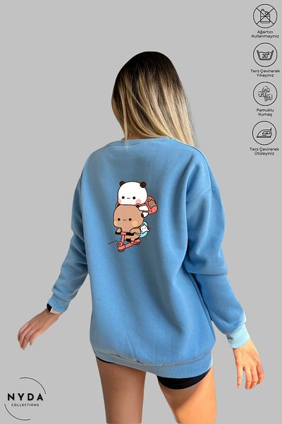 Nyda Collections Hanorac supradimensionat unisex cu mânecă lungă Bubu Dudu Scooter imprimat cu gâtul turn fără glugă
