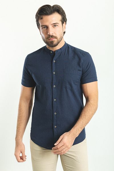 Mcr Slim Fit Judge Collar Short Sleeve Linen Men's Shirt Navy Blue - 37749.23Y