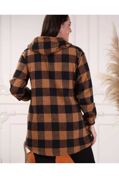 BİrHoşButik Large Size Cotton Lycra Hooded Sleeves with Elastic Buttons and Pockets Loose Cut Long Plaid Lumberjack Shirt