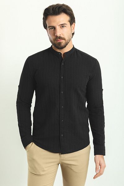Mcr Stripe Patterned Slim Fit Judge Collar Long Sleeve Men's Shirt Black - 37746.23Y