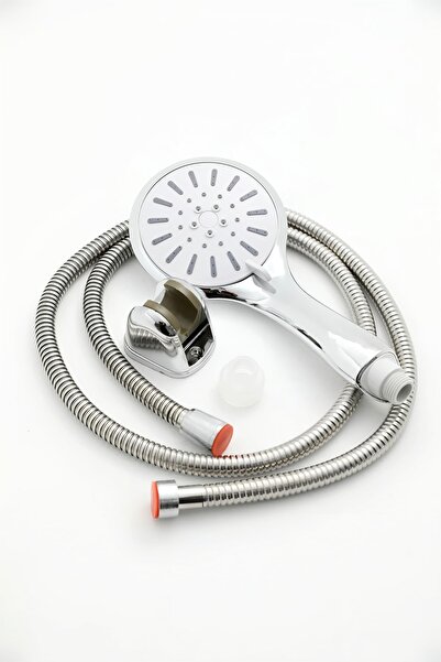 Plodna House Tayzikli Yüksek Basınçlı 5 Fonksiyonlu Siyah Krom Duş Başlığı 1,5m Örgülü Hortum Mafsallı Duş Seti