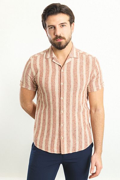 Mcr Striped Slim Fit Caped Collar Short Sleeve Men's Shirt Tile-Beige - 37773.23Y