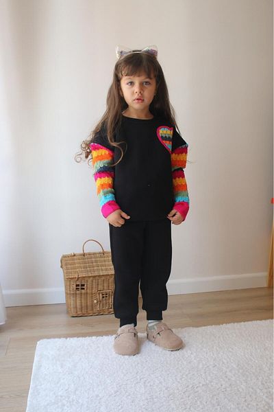 Zuzu Black Girl's Set with Heart and Colorful Ajorlu Sleeve Detail