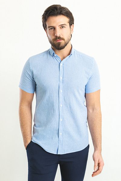 Mcr Checkered Slim Fit Short Sleeve Linen Men's Shirt Blue - 37766.23Y