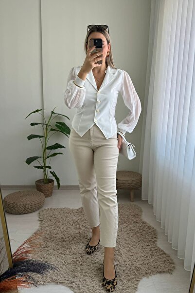 Kubos Moda Μακρύ μπαλόνι διάφανο μανίκι Λευκή μπλούζα