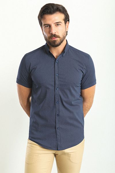 Mcr Patterned Slim Fit Short Sleeve Men's Shirt Navy Blue - 37750.23Y