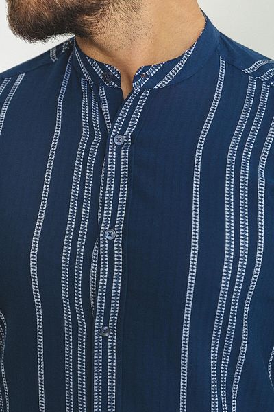 Mcr Striped Slim Fit Judge Collar Long Sleeve Men's Shirt Navy Blue - 37747.23Y
