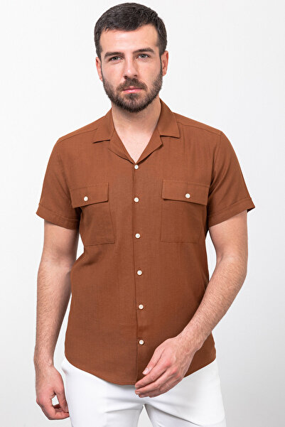 Mcr Striped Slim Fit Apache Collar Short Sleeve Linen Men's Shirt Tile - 37765.23Y