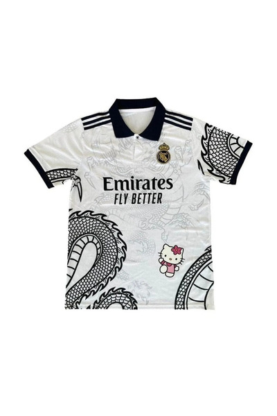 DENOKMODA Beyaz Kitty Madrid Dragon Jersey Beyaz Düğmeli Yaka Forma