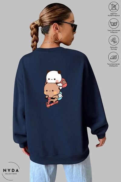 Nyda Collections Unisex μακρυμάνικο Bubu Dudu Scooter με στάμπα με λαιμόκοψη χωρίς κουκούλα υπερμεγέθη φούτερ