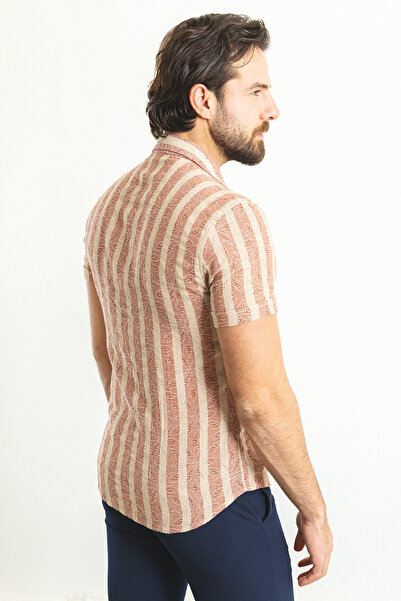 Mcr Striped Slim Fit Peacock Collar Short Sleeve Men's Shirt Brick-Beige - 37773.23Y