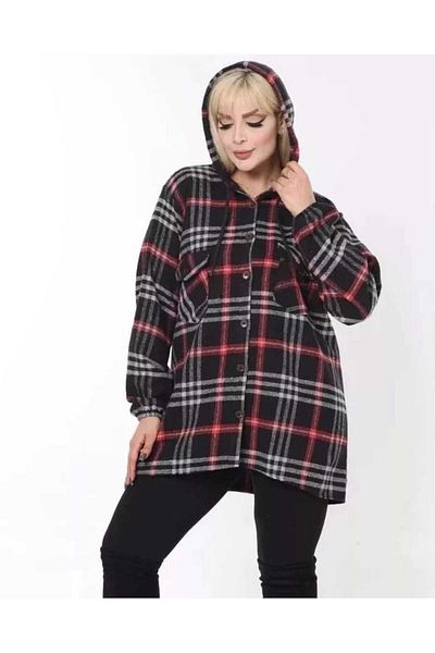 BİrHoşButik Plus Size Hooded Cotton Lumberjack Shirt - Elastic Sleeve and Buttoned Pocket