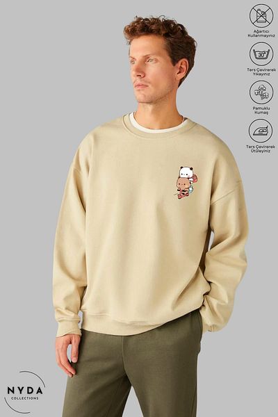 Nyda Collections Unisex μακρυμάνικο Bubu Dudu Scooter με στάμπα με λαιμόκοψη χωρίς κουκούλα υπερμεγέθη φούτερ