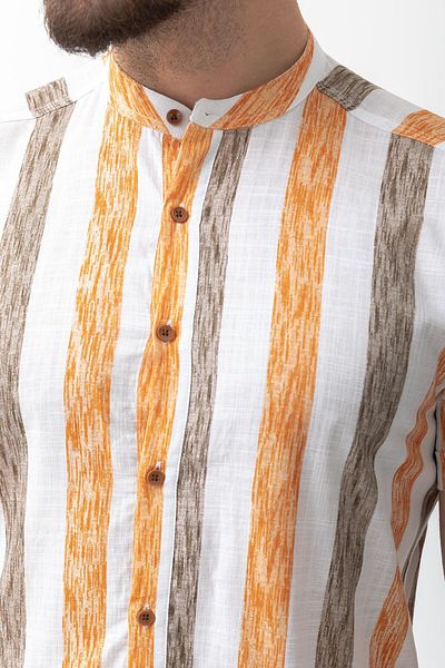 Mcr Brown Slim Fit Striped Men's Shirt - Short Sleeve, Prevailing Collar