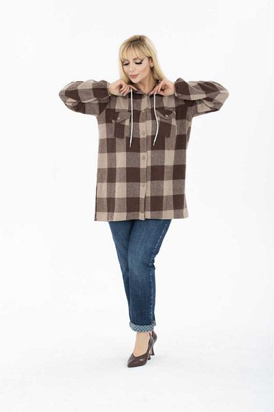 BİrHoşButik Plus Size Hooded Cotton Lumberjack Shirt - Elastic Sleeve and Buttoned Pocket