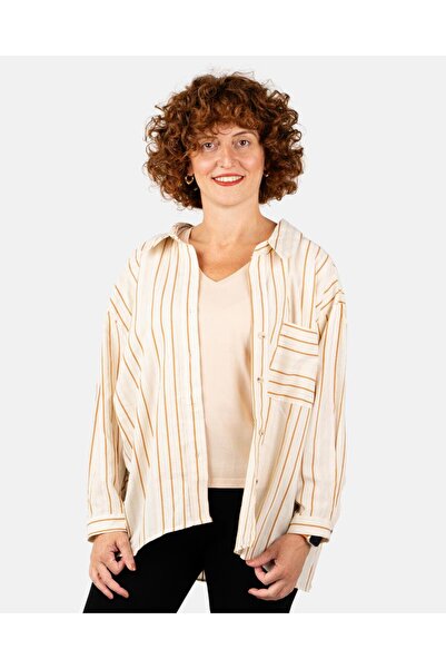 Portakal Esintisi Γυναικείο πουκάμισο εκρού με ριγέ λινό με υφή και τσέπες oversized