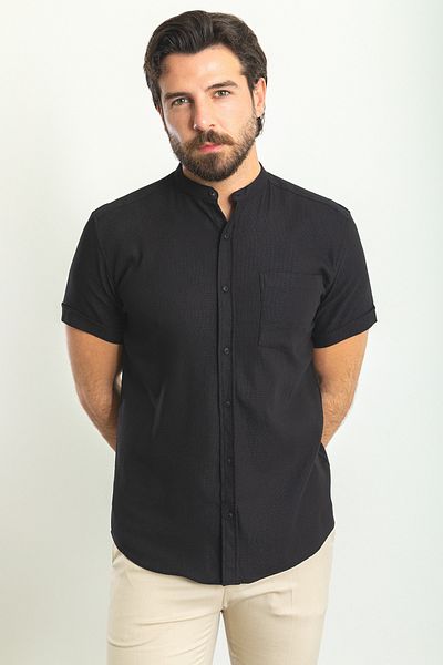 Mcr Patterned Slim Fit Judge Collar Short Sleeve Cotton Men's Shirt Black - 37748.23Y
