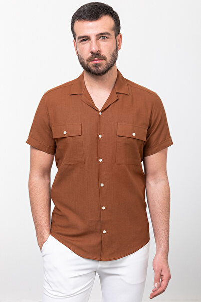 Mcr Striped Slim Fit Apache Collar Short Sleeve Linen Men's Shirt Tile - 37765.23Y