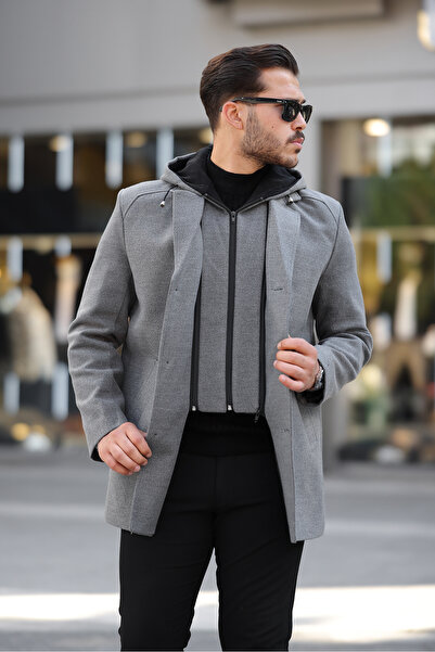 Jaglion Men's Buttoned Long Hooded Gray Stamp Coat