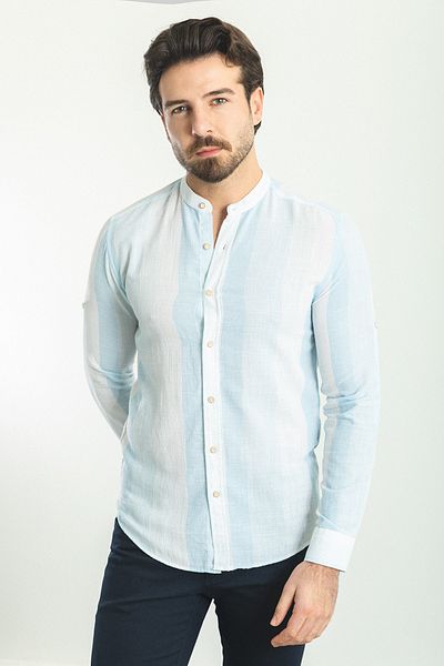 Mcr Patterned Slim Fit Judge Collar Long Sleeve Men's Shirt White-Blue - 37733.23Y