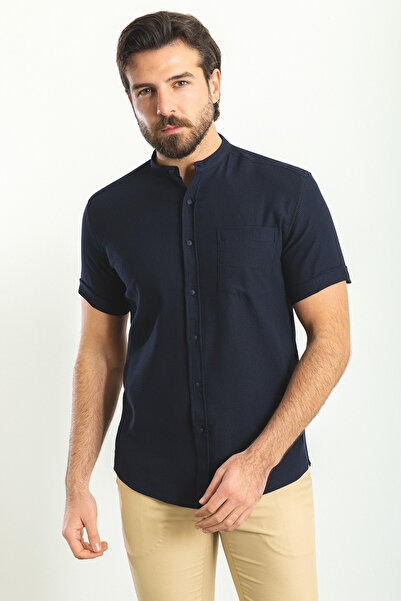 Mcr Ανδρικό πουκάμισο με λεπτή εφαρμογή, κοντό μανίκι, βαμβακερό, μπλε ναυτικό - 37748.23Y