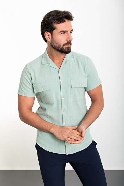 Mcr Plain Slim Fit Apache Collar Short Sleeve Linen Men's Shirt Çağla - 37857.24Y