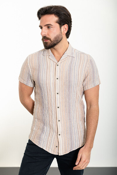 Mcr Striped Slim Fit Apaç Collar Short Sleeve Men's Shirt Beige - 37900.24Y