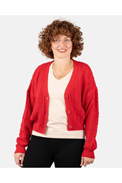 Portakal Esintisi Red Buttoned Cotton Knit Detailed Short Women's Cardigan