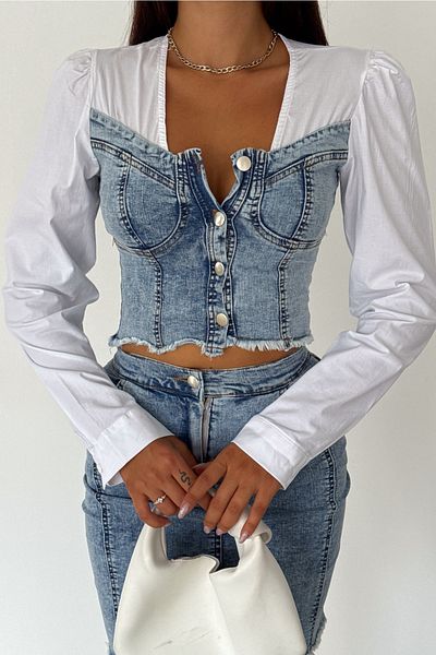 FEMELLE Fusta Denim Albastră Cămașă Crop Denim Partea Inferioară Set Două Piese