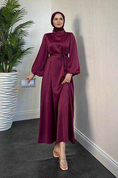MERVEN AKYÜZ Σατέν φόρεμα Dimitra με μπαλόνι μανίκι ανοιχτό τόνο δαμάσκηνο