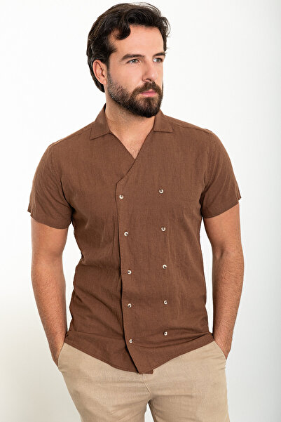 Mcr Πουκάμισο με ίσιο λεπτό γιακά με διπλό στήθος 100% λινό πουκάμισο Camel - 37872.24Y