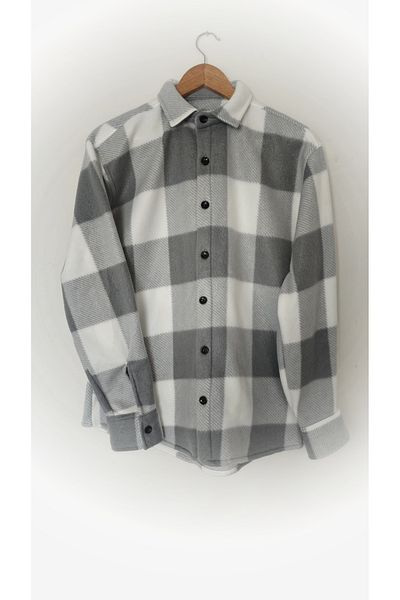 A&O Style Pánská šedá oversize kostkovaná tlustá zimní fleecová košile