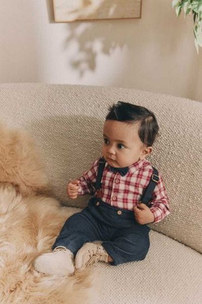 Next Baby Cotton Red Plaid Shirt Navy Blue Trousers Bow Tie Strap Set of 4