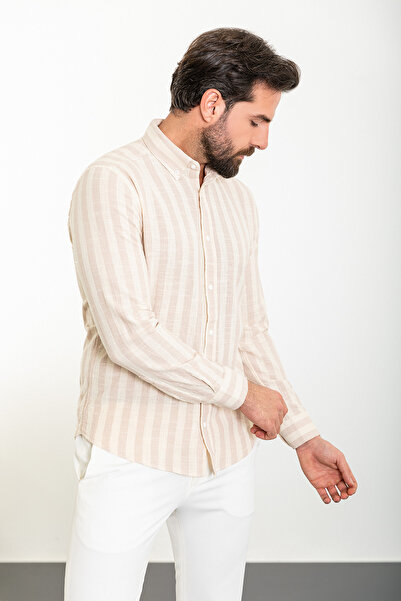 Mcr Ριγέ Slim Fit μακρυμάνικο λινό ανδρικό πουκάμισο εκρού-μπεζ - 37858.24Y