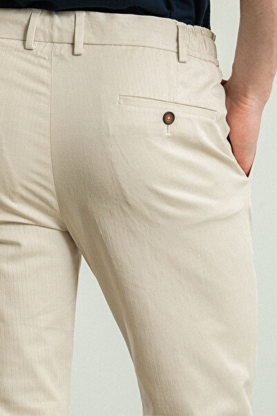 Mcr Ανδρικό λινό παντελόνι με ριγέ μπεζ χρώμα Super Slim Fit με πλισέ κορδόνι