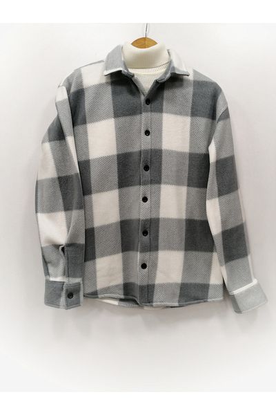 A&O Style Pánská šedá oversize kostkovaná tlustá zimní fleecová košile