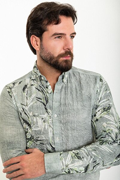 Mcr Ανδρικό πουκάμισο με μοτίβο φύλλων, μακρυμάνικο, χακί - 37886.24Y