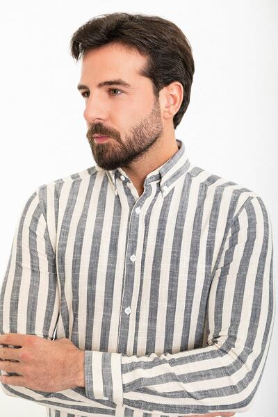 Mcr Ριγέ Slim Fit μακρυμάνικο λινό ανδρικό πουκάμισο εκρού-μπλε ναυτικό - 37858.24Y