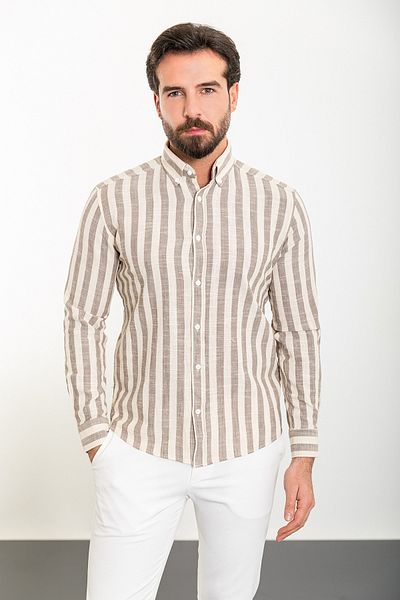 Mcr Striped Brown Slim Fit Long Sleeve Linen Men's Shirt