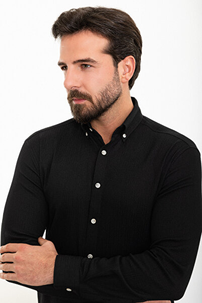 Mcr Ανδρικό πουκάμισο με ριγέ λεπτή εφαρμογή μακρυμάνικο Seersucker μαύρο - 37862.24Y