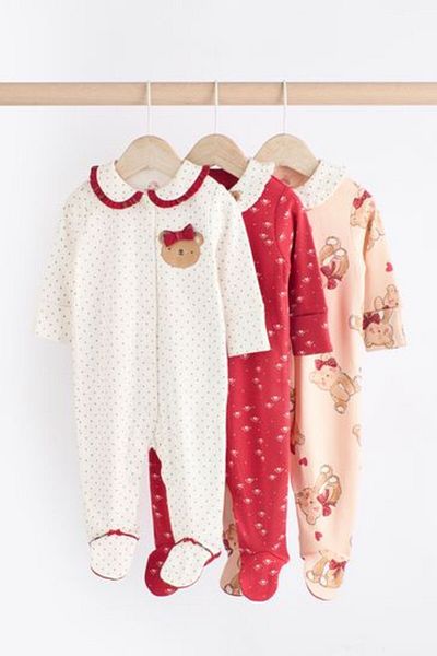 Next Baby 100% Cotton White Red Teddy Bear Print 3-Piece Jumpsuit Set