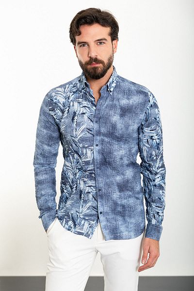 Mcr Leaf Patterned Slim Fit Long Sleeve Seersucker Men's Shirt Navy Blue - 37886.24Y