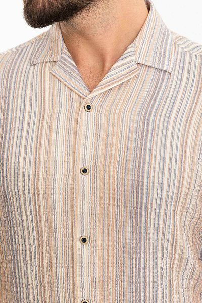 Mcr Striped Slim Fit Lapel Collar Short Sleeve Men's Shirt Beige - 37900.24Y