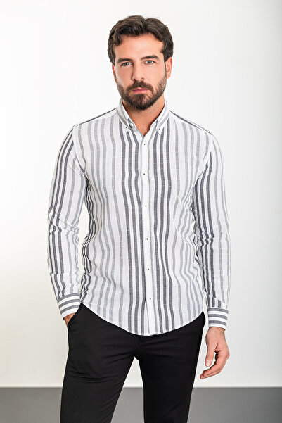 Mcr Смугаста сорочка Slim Fit з довгими рукавами для чоловіків, біло-чорна - 37853.24Y